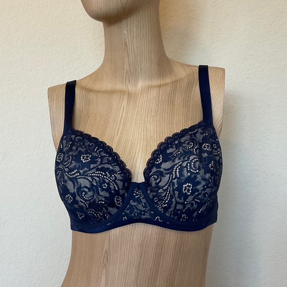 Soma EUC Enticing Lift Full Coverage Navy Lace Bra Nude Background 34D - Picture 5 of 16